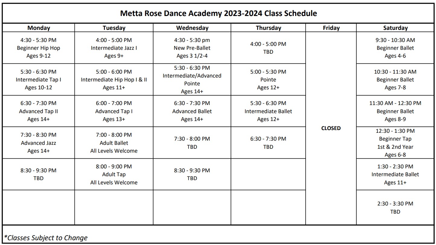 Calendar & Dates - Metta Rose Dance Academy